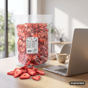 KoRo Freeze-Dried Strawberry Slices on a desk next to a laptop, a cup of coffee and a notebook, AI-generated image