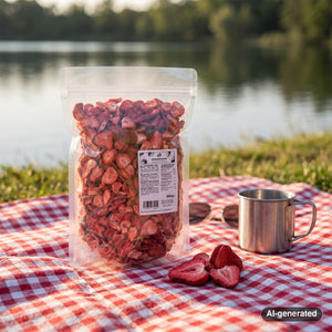 KoRo Freeze-Dried Strawberry Slices on a checked picnic blanket by a lake on a summer day, with a steel cup and sunglasses, AI-generated image