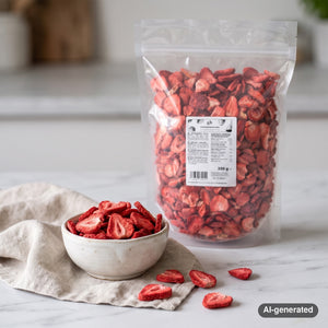 KoRo Freeze-Dried Strawberry Slices on a light marble kitchen counter with a small bowl of the fruit, AI-generated image