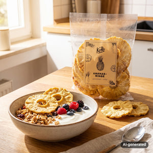 KoRo Pineapple Rings on a breakfast table next to a bowl of yogurt and granola, AI-generated image