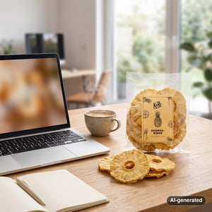 KoRo Pineapple Rings on a desk next to a laptop, a cup of coffee and a notebook, AI-generated image