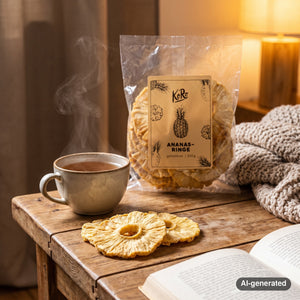 KoRo Pineapple Rings on a coffee table in the evening, with a knitted blanket, a cup of tea and a book, AI-generated image