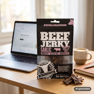 Kuivalihakundi Beef Jerky Garlic on a desk next to a laptop, a cup of coffee and a notebook, AI-generated image