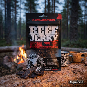 Kuivalihakundi Beef Jerky Original on a log by a campfire in a pine forest at dusk, with an enamel mug and a wooden cup, AI-generated image