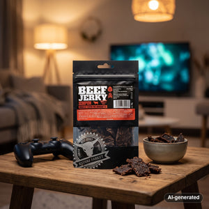 Kuivalihakundi Beef Jerky Scorpion on a coffee table in the evening, with a game controller and a small bowl, AI-generated image