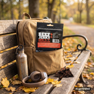 Kuivalihakundi Beef Jerky Scorpion sticking out of a backpack on a park bench in autumn, with a water bottle and headphones, AI-generated image