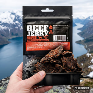 Hand holding Kuivalihakundi Beef Jerky Scorpion in front of a fjord landscape, AI-generated image
