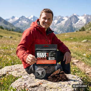 Hiker taking a break on an alpine meadow holding Kuivalihakundi Beef Jerky Scorpion, AI-generated image