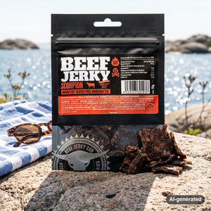 Kuivalihakundi Beef Jerky Scorpion on a smooth coastal rock by the sea, with a towel and sunglasses, AI-generated image