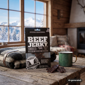 Kuivalihakundi Beef Jerky Smoked on a wooden table in a mountain cabin, with a wool blanket, an enamel mug and snowy mountains outside, AI-generated image