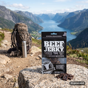 Kuivalihakundi Beef Jerky Smoked on a rock beside a mountain trail above a Norwegian fjord, with a backpack and thermos, AI-generated image