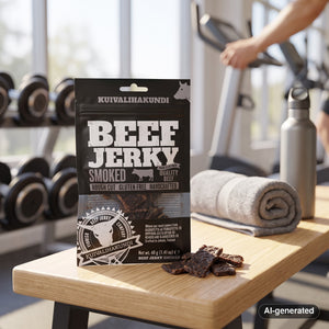 Kuivalihakundi Beef Jerky Smoked on a gym bench, with dumbbells, a towel and a water bottle in the background, AI-generated image