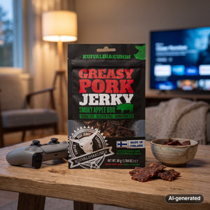 Kuivalihakundi Greasy Pork Jerky Smoky Apple BBQ on a coffee table in the evening, with a game controller and a small bowl, AI-generated image