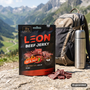 Leon Jerky Beef Hot & Sweet on a rock beside a mountain trail in the Alps, with a backpack and thermos, AI-generated image