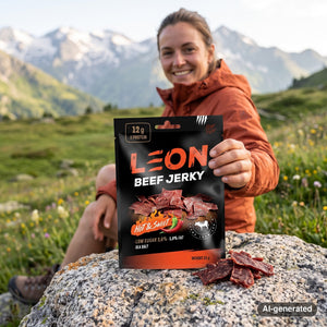 Hiker taking a break on an alpine meadow holding Leon Jerky Beef Hot & Sweet, AI-generated image