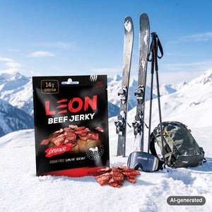 Leon Jerky Beef Original in the snow next to touring skis and poles on a sunny winter day in the Alps, AI-generated image