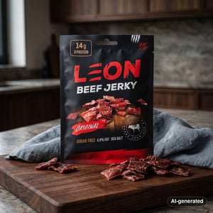 Leon Jerky Beef Original on a dark wooden cutting board on a kitchen counter in soft window light, AI-generated image