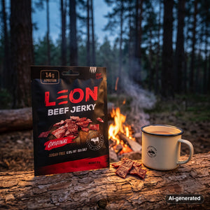 Leon Jerky Beef Original on a log by a campfire in a pine forest at dusk, with an enamel mug, AI-generated image