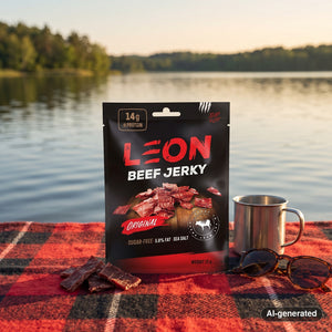 Leon Jerky Beef Original on a checked picnic blanket by a lake on a summer day, with a steel cup and sunglasses, AI-generated image