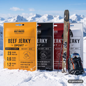 Meat Makers Beef Jerky Sports Mix in the snow next to touring skis and poles on a sunny winter day in the mountains, AI-generated image