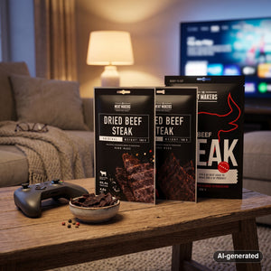 Meat Makers Beef Steak Mix on a coffee table in the evening, with a game controller and a small bowl, AI-generated image