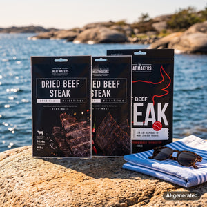Meat Makers Beef Steak Mix on a smooth coastal rock by the sea, with a towel and sunglasses, AI-generated image