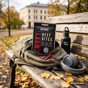 Meat Makers Smoky Beef Bites sticking out of a backpack on a park bench in autumn, with a water bottle and headphones, AI-generated image