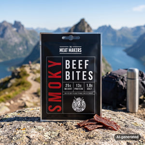 Meat Makers Smoky Beef Bites on a rock beside a mountain trail above a Norwegian fjord, with a backpack and thermos, AI-generated image