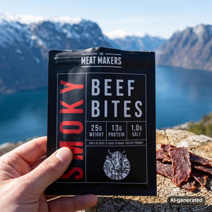 Hand holding Meat Makers Smoky Beef Bites in front of a fjord landscape, AI-generated image