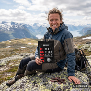 Hiker taking a break in the mountains holding Meat Makers Smoky Beef Bites, AI-generated image