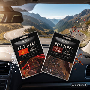 Meat Makers Snack Pack Mix on the dashboard of a car at a mountain pass viewpoint, AI-generated image