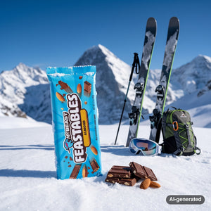 Mr. Beast Feastables Almond in the snow next to touring skis and poles on a sunny winter day in the Alps, AI-generated image