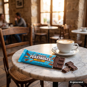 Mr. Beast Feastables Almond on a marble cafe table next to a cappuccino, AI-generated image