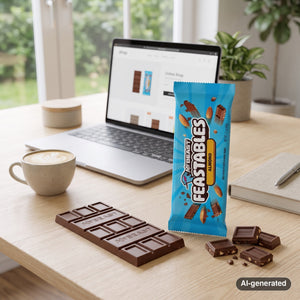 Mr. Beast Feastables Almond on a desk next to a laptop, a cup of coffee and a notebook, AI-generated image