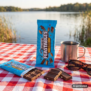 Mr. Beast Feastables Almond on a checked picnic blanket by a lake on a summer day, with a steel cup and sunglasses, AI-generated image