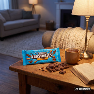 Mr. Beast Feastables Almond on a coffee table in the evening, with a knitted blanket, a cup of tea and a book, AI-generated image