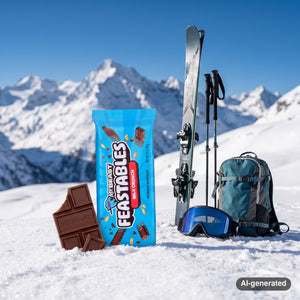 Mr. Beast Feastables Milk Crunch in the snow next to touring skis and poles on a sunny winter day in the Alps, AI-generated image