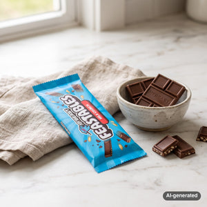 Mr. Beast Feastables Milk Crunch on a light marble kitchen counter with a linen cloth and a small ceramic bowl, AI-generated image