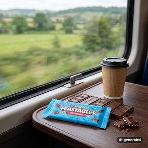 Mr. Beast Feastables Milk Crunch on a train table by the window, with a coffee cup, AI-generated image