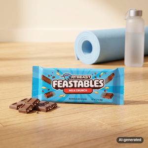 Mr. Beast Feastables Milk Crunch on a wooden floor next to a rolled yoga mat and a water bottle, AI-generated image