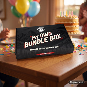 My Own Bundle Box on a table at a birthday party with balloons and confetti, AI-generated image