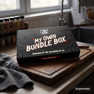 My Own Bundle Box on a dark wooden cutting board on a kitchen counter in soft window light, AI-generated image