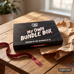 My Own Bundle Box on a table next to torn gift wrapping paper and a ribbon, AI-generated image