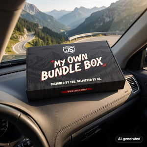 My Own Bundle Box on the dashboard of a car at a mountain pass viewpoint, AI-generated image