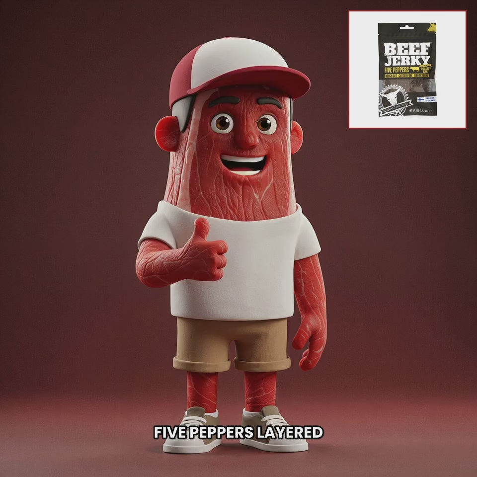 Chuck mascot kuivalihakundi-beef-jerky-five-peppers-new EN