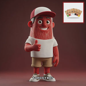 Video: Chuck the beef mascot beside a Grizzly Foods Tasting Pack fan of six 50g bags, captioned Flavors One Box