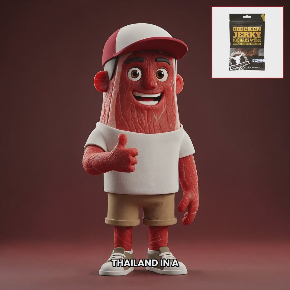 Chuck mascot kuivalihakundi-chicken-jerky-lemongrass EN