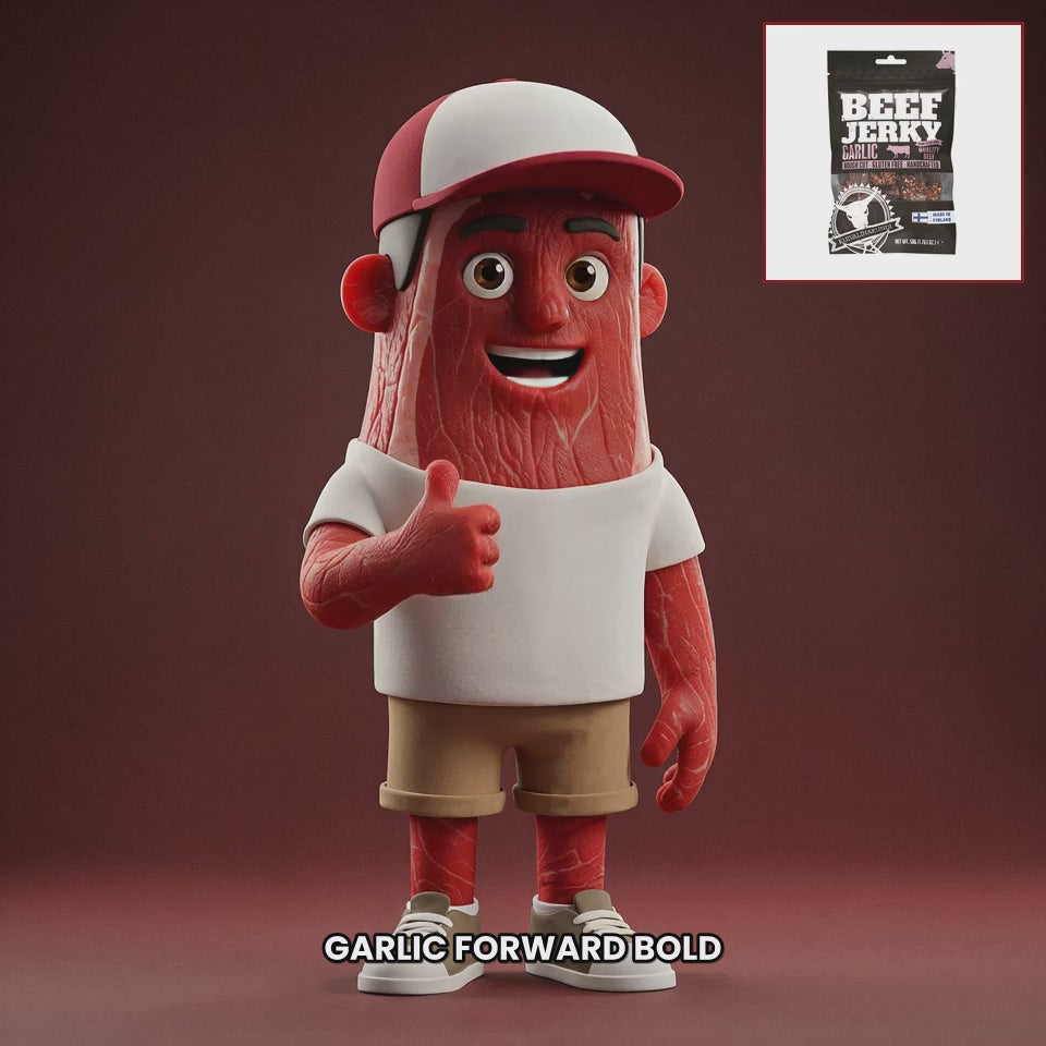 Chuck mascot kuivalihakundi-beef-jerky-garlic EN