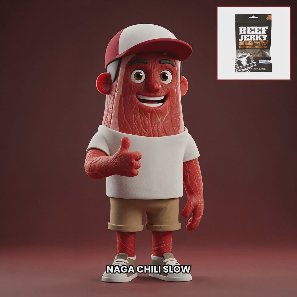 Chuck mascot kuivalihakundi-beef-jerky-hot-naga EN