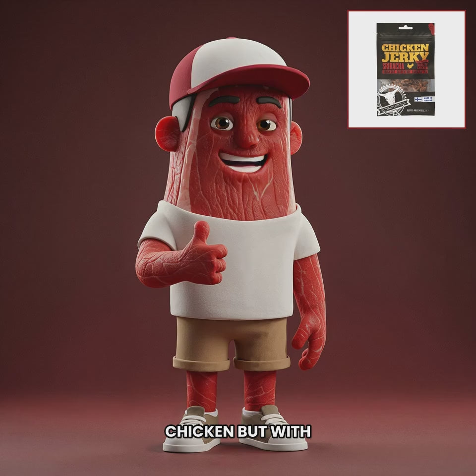 Chuck mascot kuivalihakundi-chicken-jerky-sriracha EN